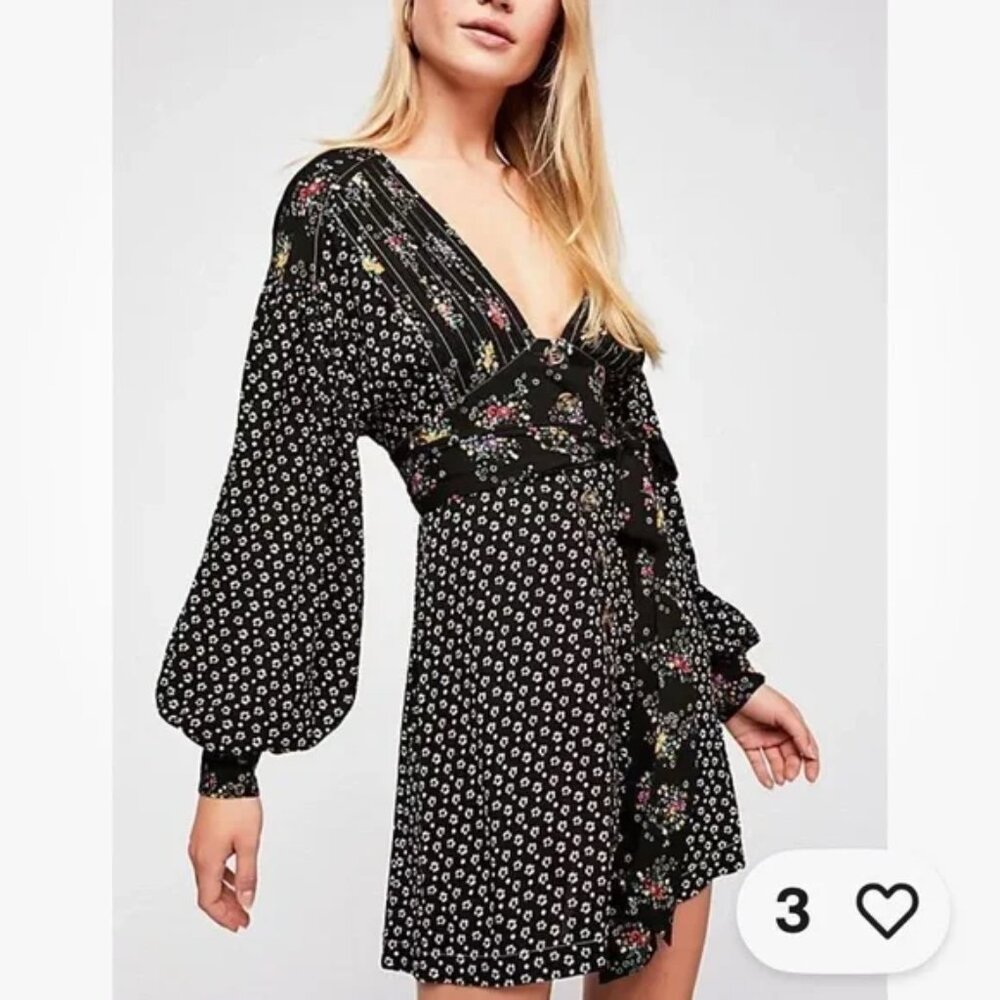 Free People “WONDERLAND” Black Floral Combo Mini Dress Sz: M
